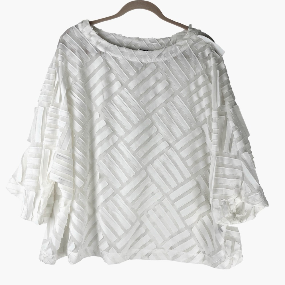 By JJ White Checkered Textured‎ Blouse Womens XL Shirt Top 3/4 Sleeve Sheer